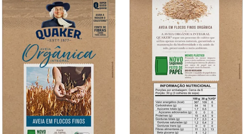 Quaker inova com embalagem de papel para aveia orgânica