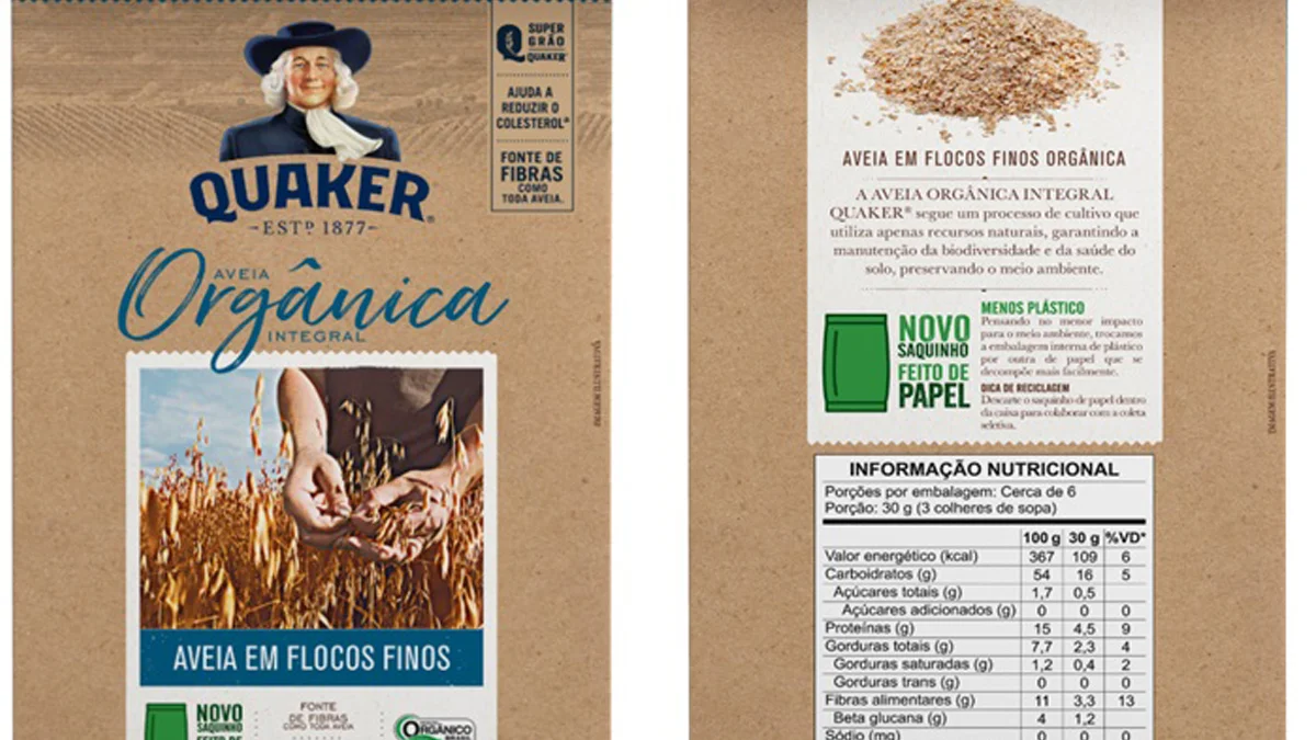 Quaker inova com embalagem de papel para aveia orgânica