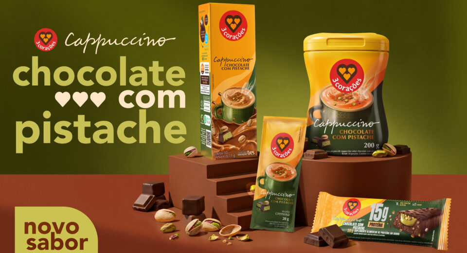 Cappuccino Chocolate com Pistache da 3 Corações em diferentes formatos