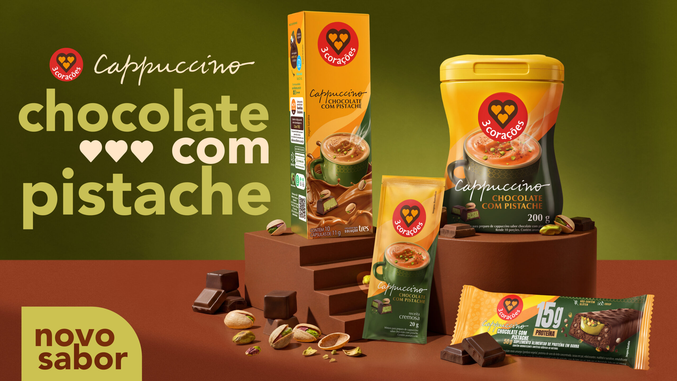 Cappuccino Chocolate com Pistache da 3 Corações em diferentes formatos